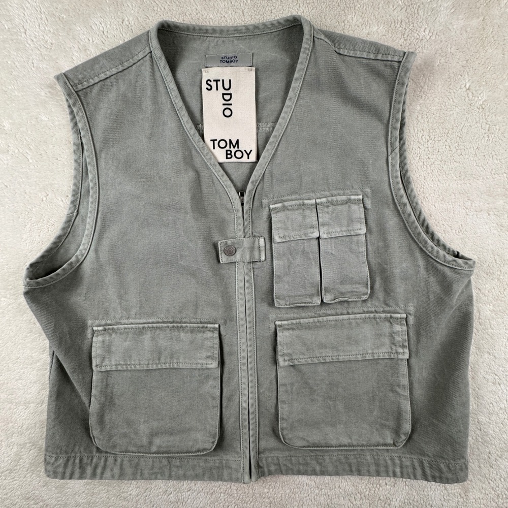Studio Tomboy Flying V-Neck Cotton Gilet Utility Zip Cargo Women's‎ Vest Size XL